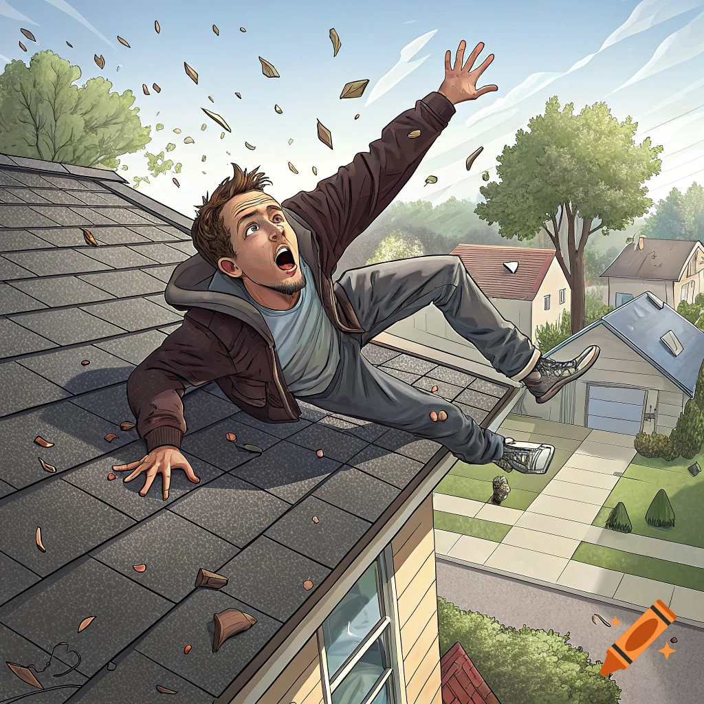 A man in a brown jacket falls backward off a residential roof, arms flailing, with debris flying around him in a cartoon illustration.