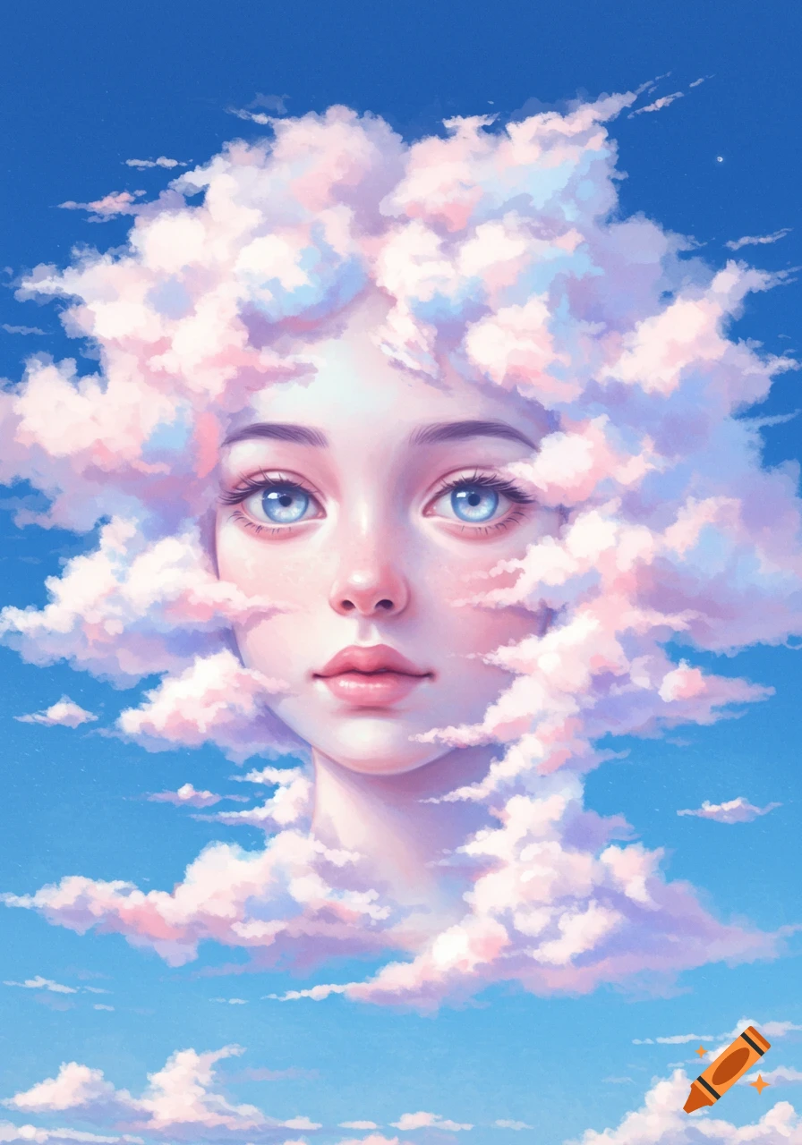 A dreamy portrait of a girl's face formed from soft, pink-tinged clouds against a clear blue sky.