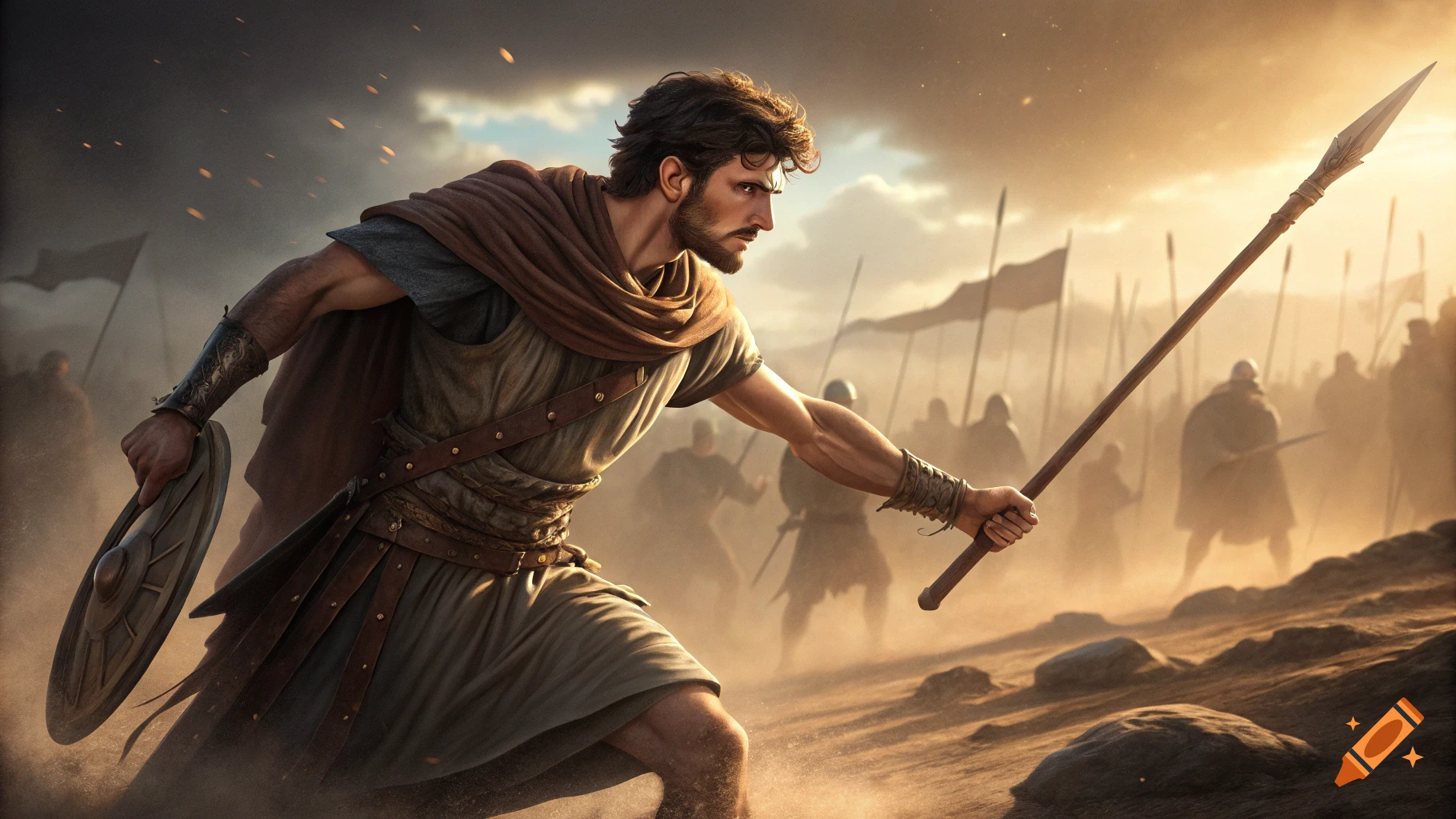 A fierce warrior in ancient attire holds a spear and shield on a dusty battlefield with blurred figures in the background.