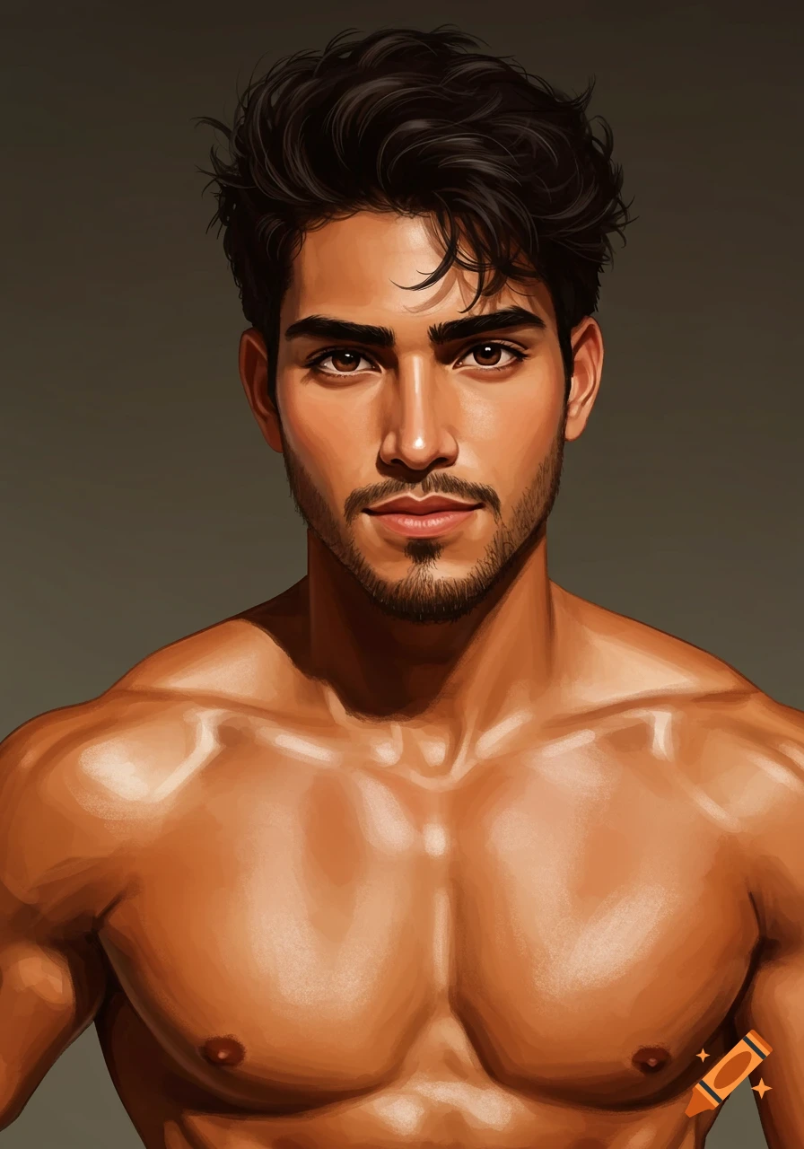 Digital art portrait of a handsome, muscular Latino man, shirtless and looking at the viewer.