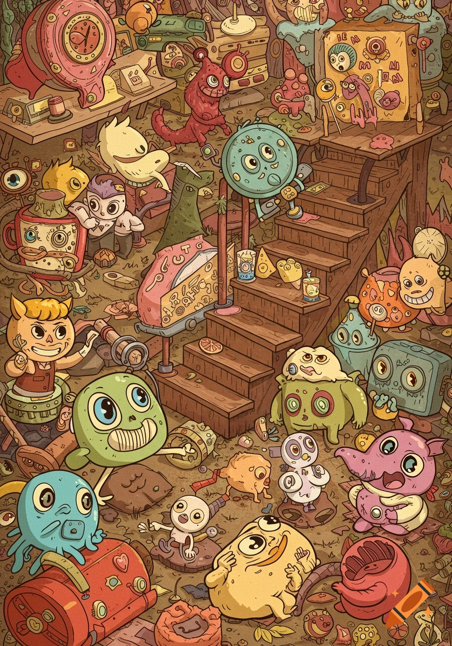 A busy, colorful cartoon scene filled with various cute, quirky monster-like creatures in a cluttered room.