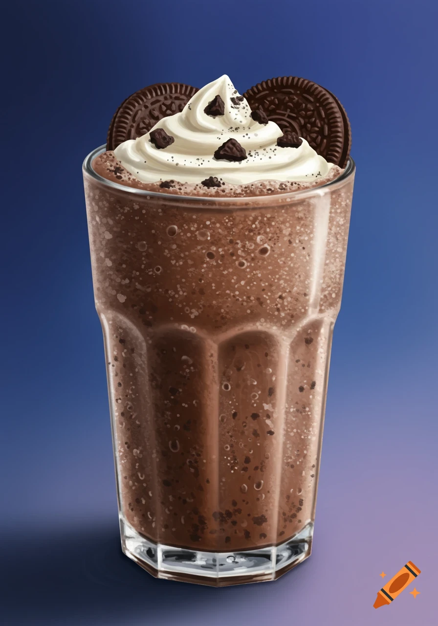 A chocolate frappe topped with whipped cream, chocolate cookie pieces, and two full chocolate sandwich cookies against a blue background.