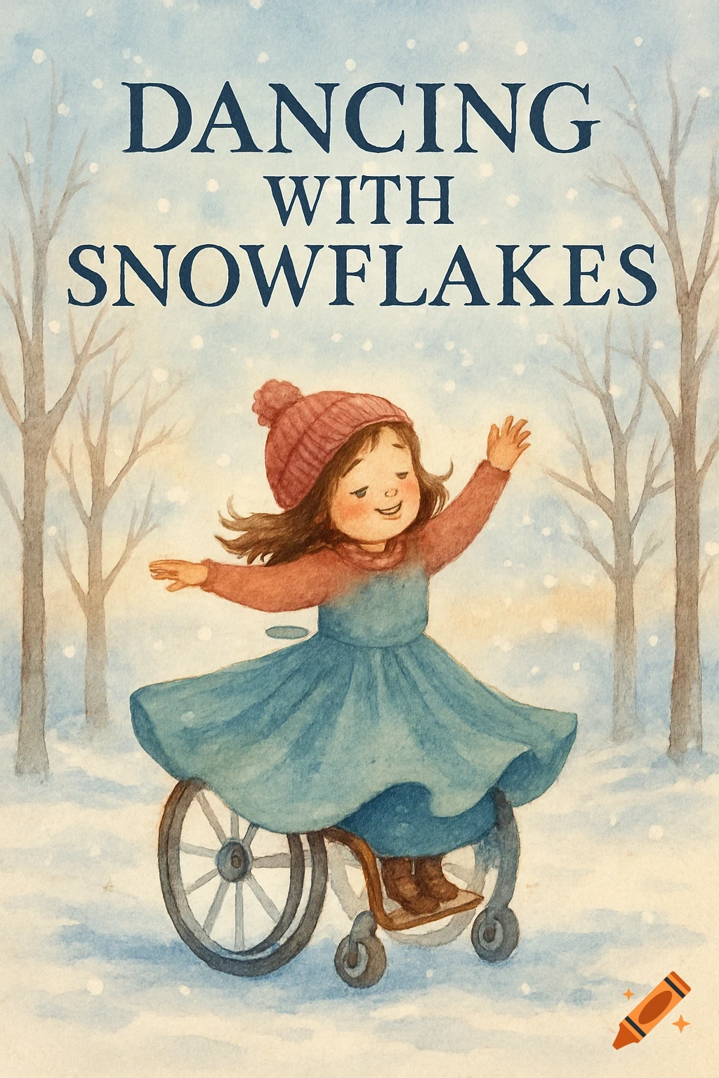 Watercolor illustration of a joyful girl in a wheelchair dancing in the snow with the title DANCING WITH SNOWFLAKES.