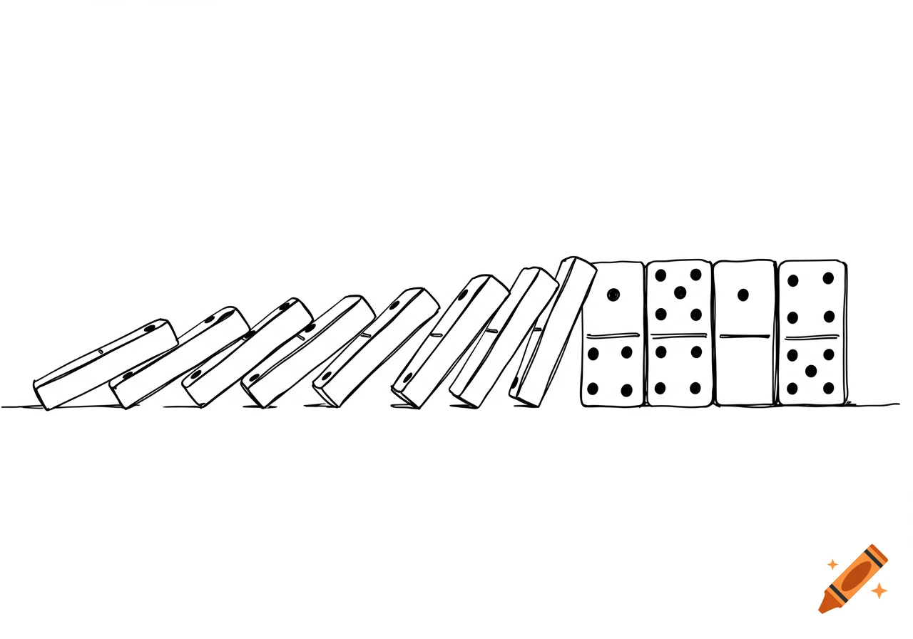 Black and white hand-drawn sketch illustration of dominoes falling in a line.