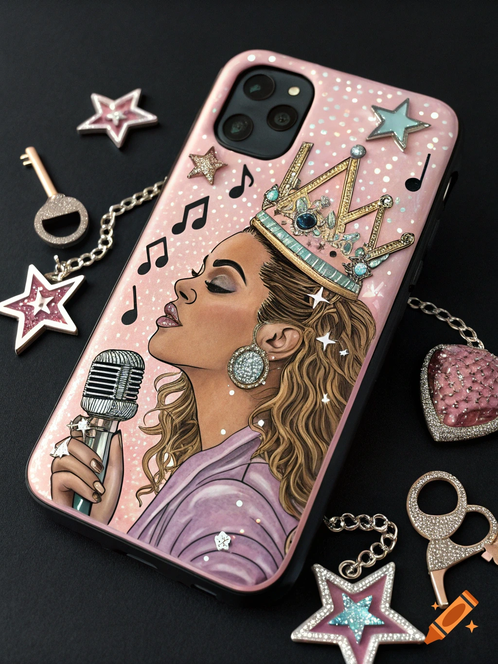 A pink phone case with an illustration of a woman in a crown singing into a microphone, surrounded by musical notes and sparkly charms.