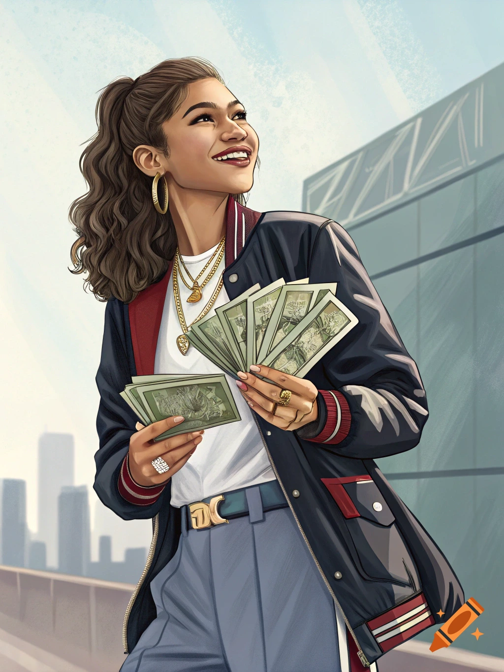 An illustration of Zendaya smiling and looking upwards, holding fanned stacks of money in both hands. She wears a dark blue and red letterman-style jacket, a white t-shirt, and gray pants, accessorized with gold jewelry and a gold belt buckle.