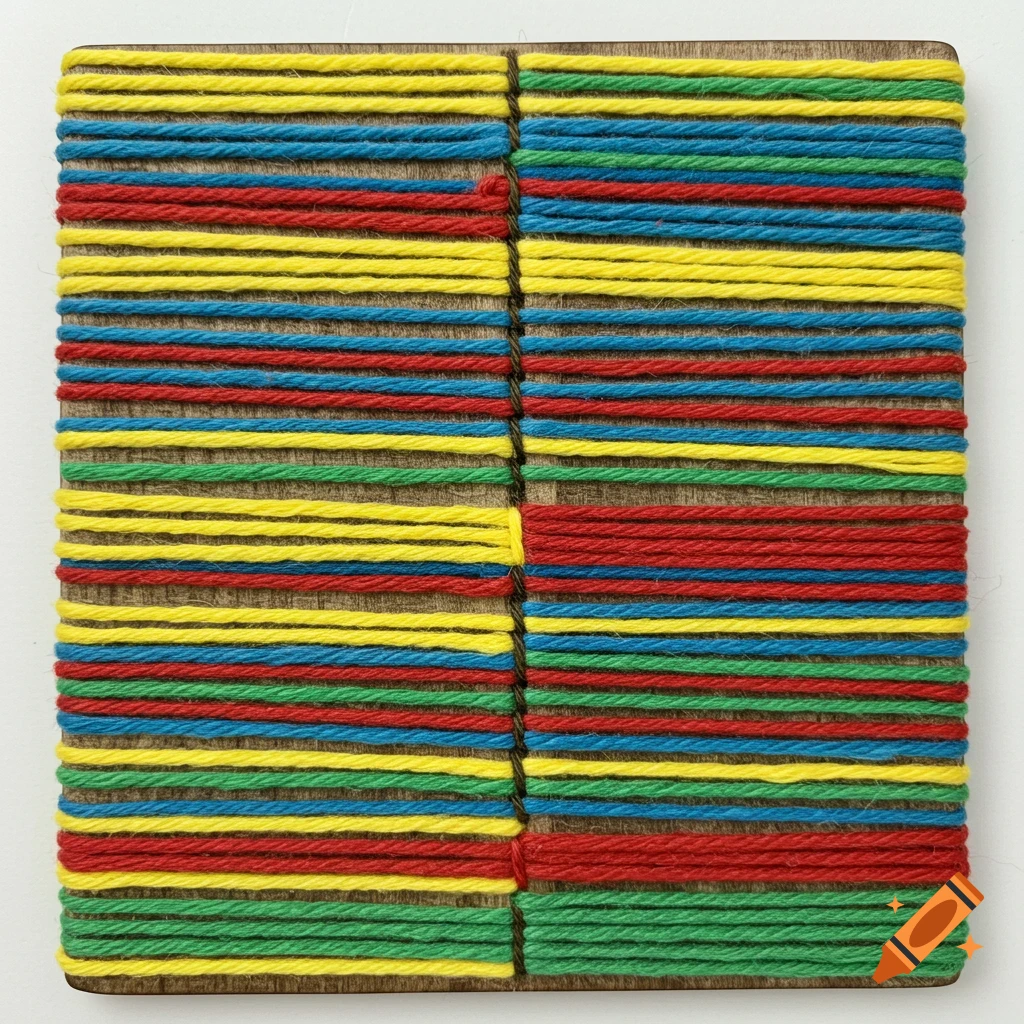 A square wooden game tile with horizontal stripes of yellow, blue, red, and green yarn, divided vertically.