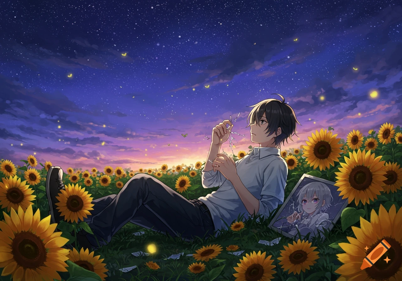 Anime boy lying in a sunflower field under a starry night sky, holding a broken picture of a girl, with fireflies.