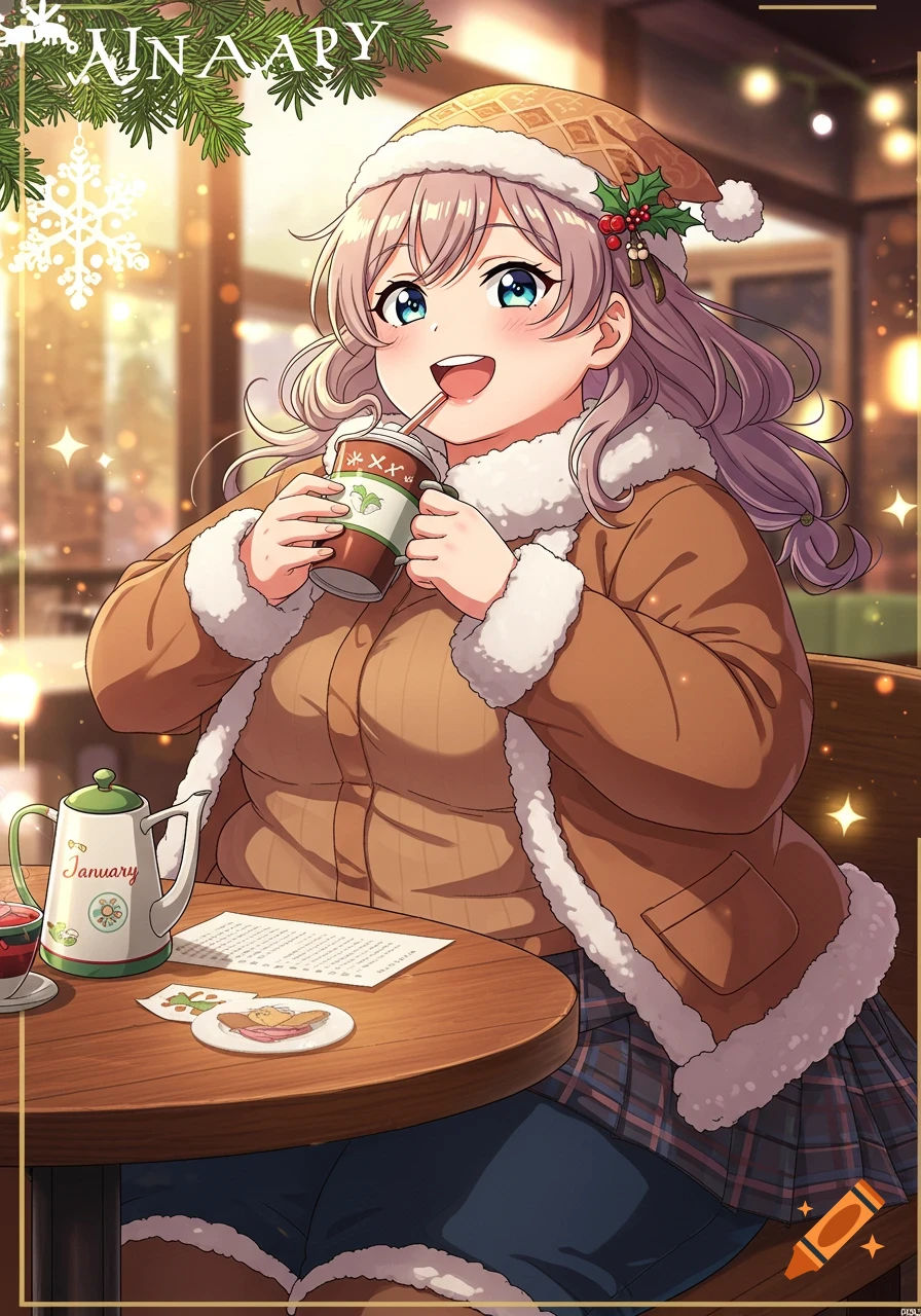 Anime woman in a cafe wearing winter clothes, drinking from a cup, with holly and snowflakes decorations.
