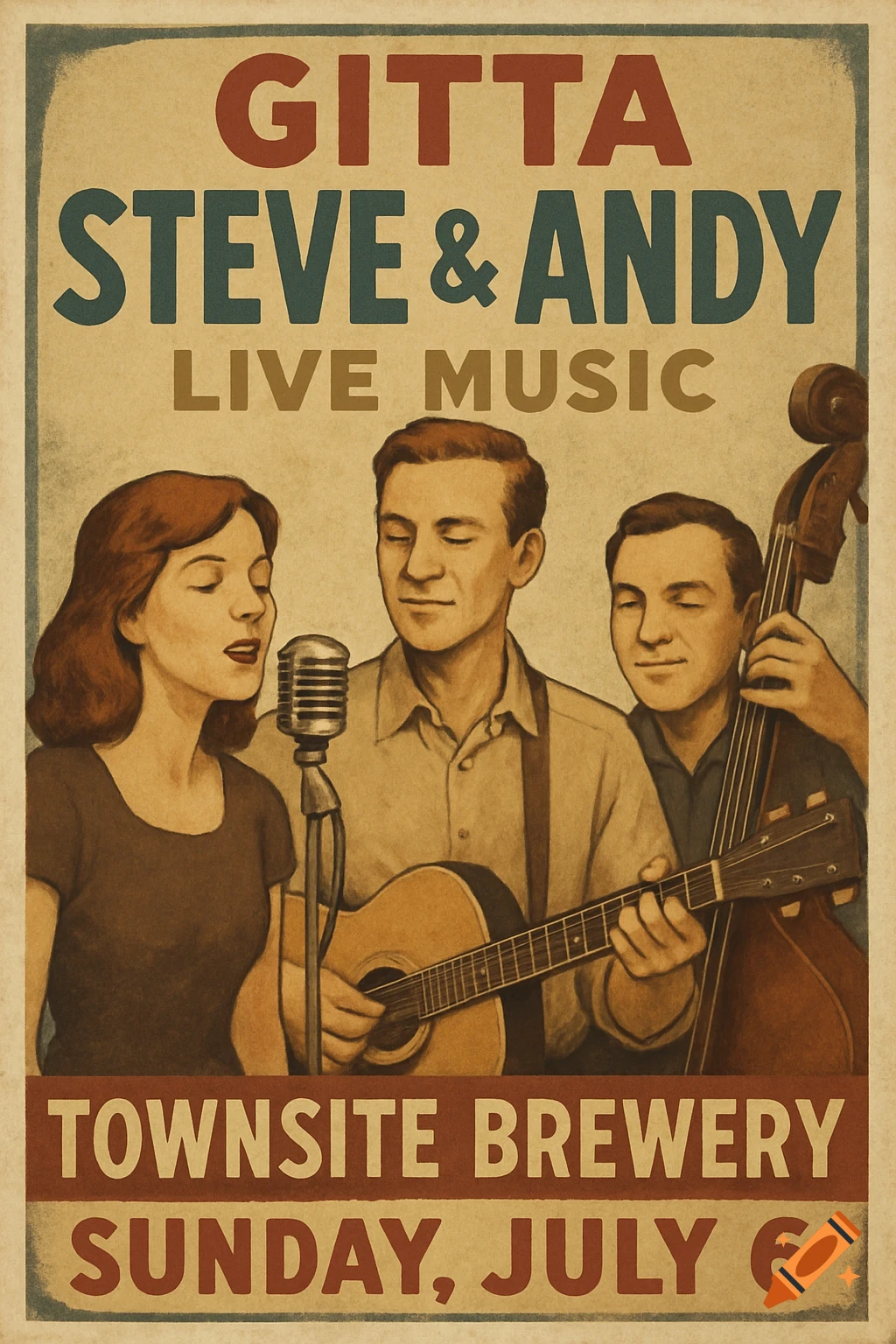 A vintage-style poster features three musicians: a female singer, a male guitarist, and a male upright bass player. Text advertises 'Gitta Steve & Andy Live Music' at 'Townsite Brewery' on 'Sunday, July 6'.