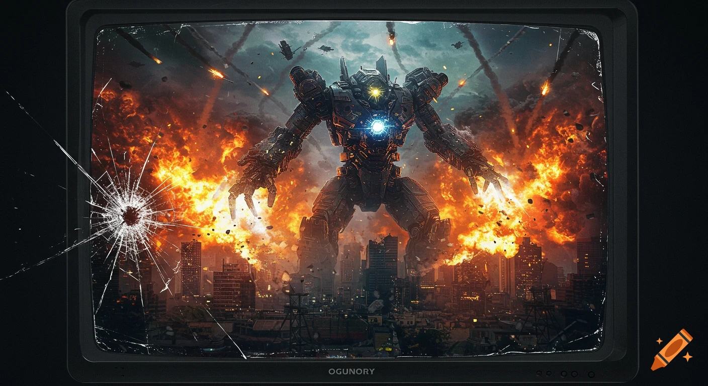 A giant robot stands amidst a destroyed city on a cracked TV screen, with explosions and missiles in the background, sci-fi style.