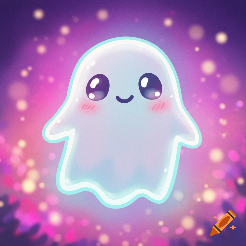 A cute, glowing cartoon ghost with big eyes and rosy cheeks floats amidst shimmering purple and pink light.