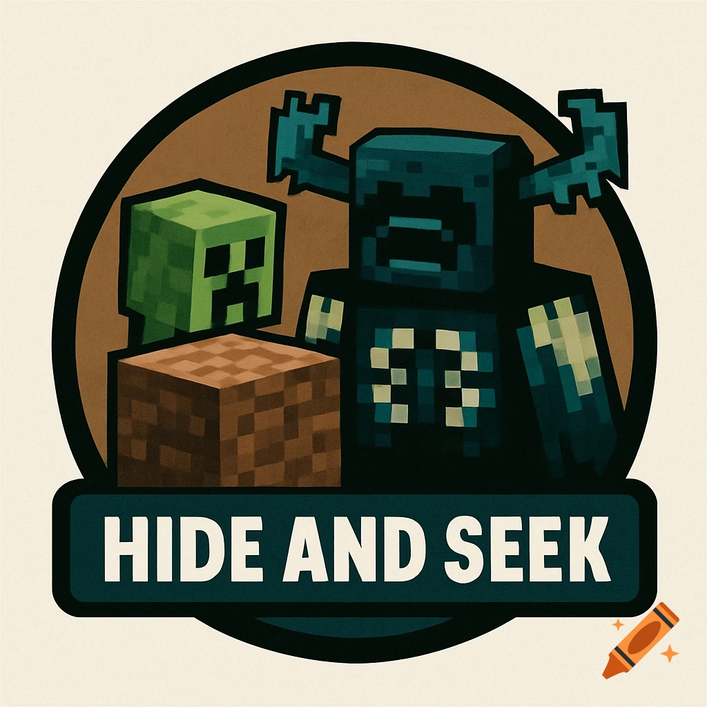 A Minecraft-themed logo featuring a green Creeper, a dark blue Warden, a dirt block, and the words "HIDE AND SEEK".