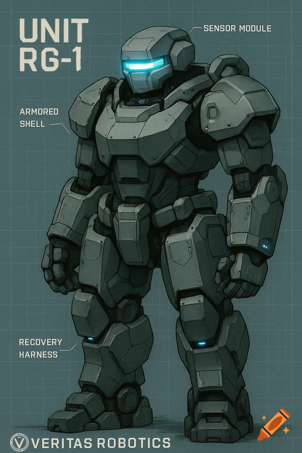 A gray armored robot concept with a glowing blue visor, depicted as a technical blueprint with labels and 'Veritas Robotics' branding.
