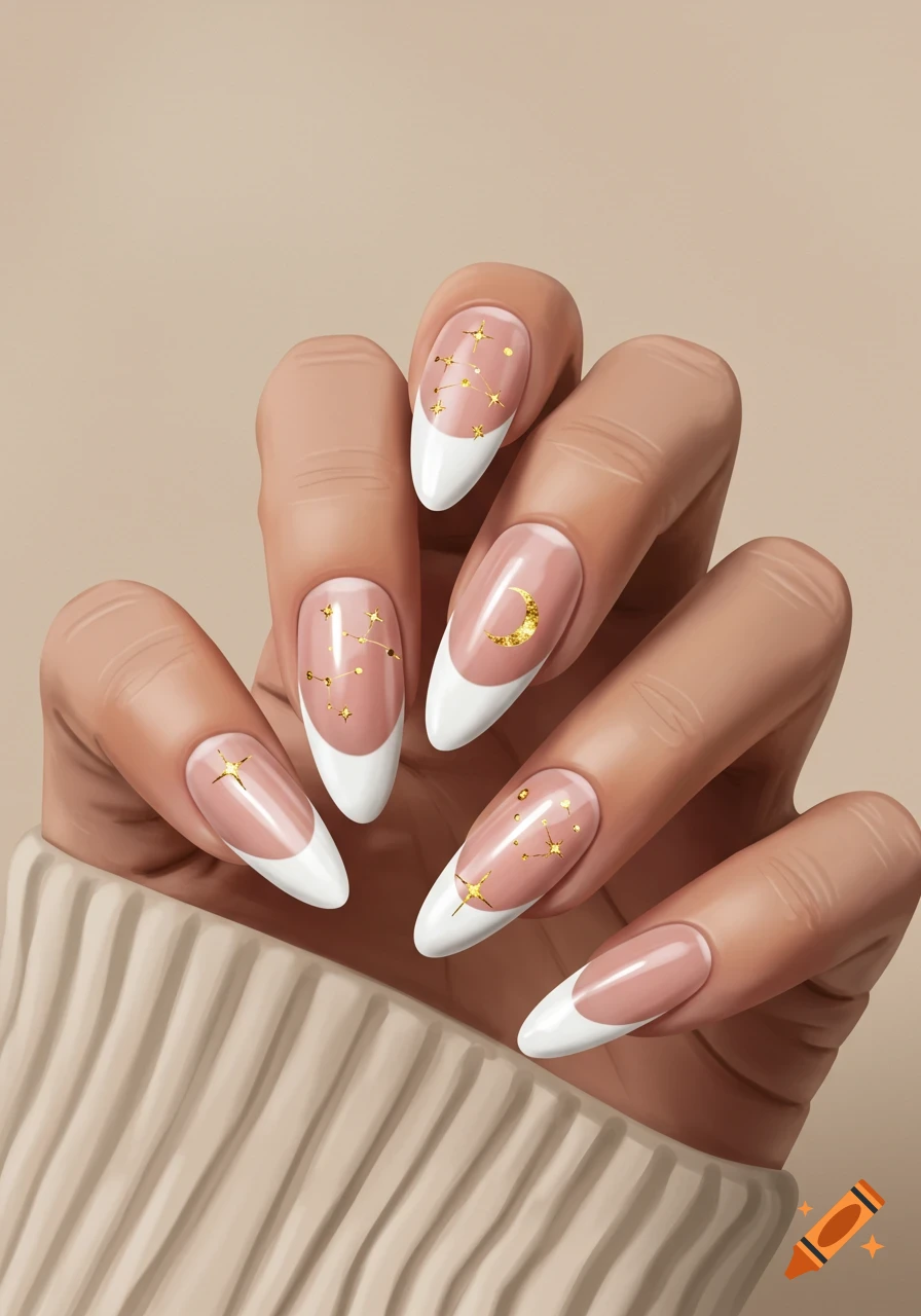 Hand with almond-shaped nails featuring white French tips and gold celestial designs, including stars and a moon.