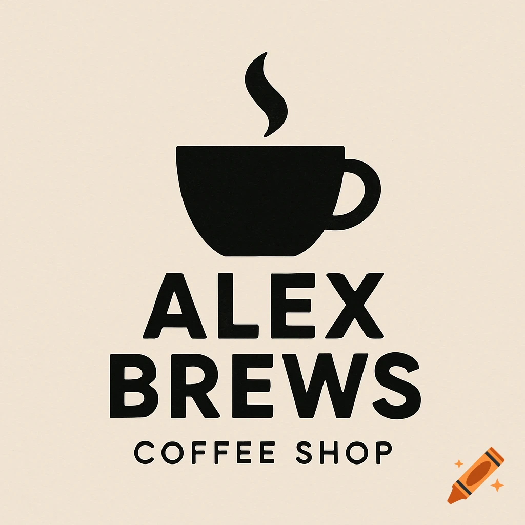 A minimalist black and white logo for Alex Brews Coffee Shop, featuring a steaming coffee cup icon above the text "ALEX BREWS COFFEE SHOP".