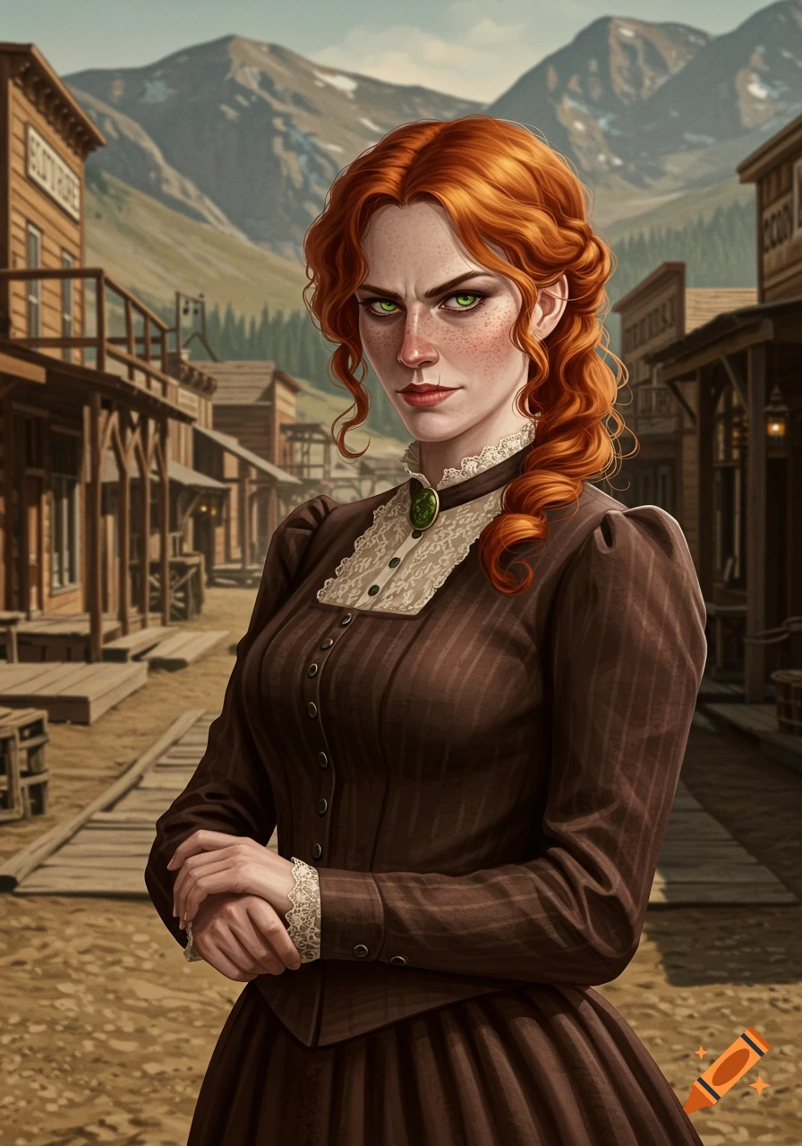 A serious-looking red-haired woman in a brown dress stands in an old ...