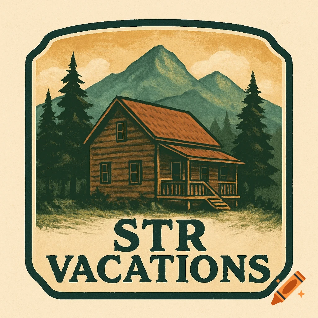 Vintage-style logo for STR Vacations featuring a wooden cabin, evergreen trees, and green mountains inside a decorative border.