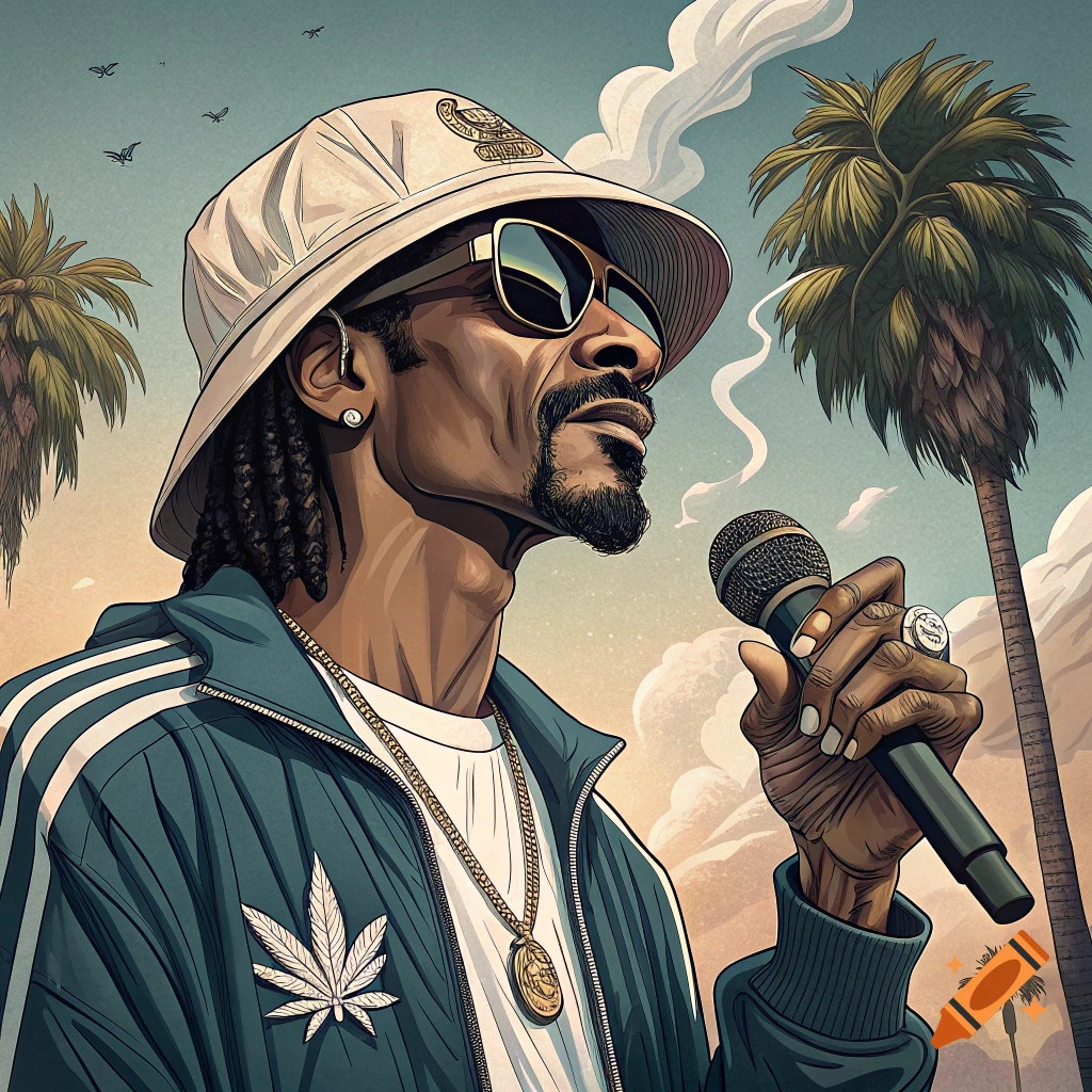 Stylized portrait of Snoop Dogg in a bucket hat and tracksuit holding a microphone, with palm trees and a cloudy sky in the background.