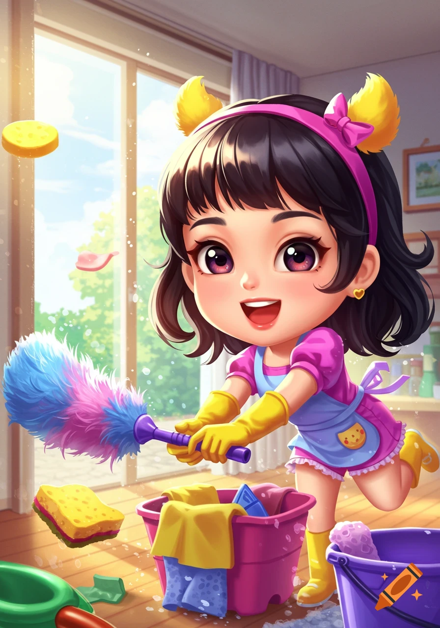 A cute cartoon girl with dark hair and a pink headband, wearing a pink shirt and blue apron, holding a colorful duster while cleaning.