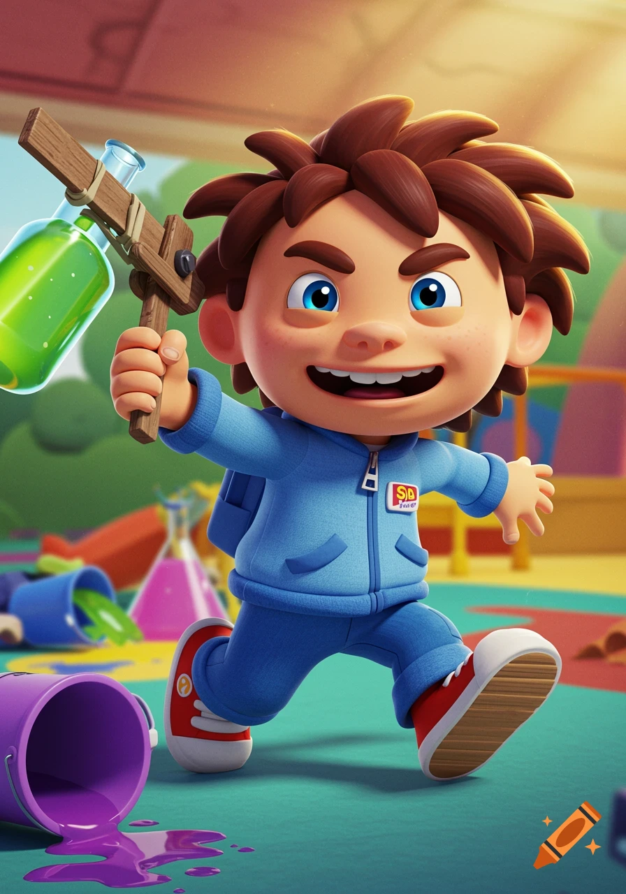 A cheerful 3D cartoon boy in a blue tracksuit runs holding a makeshift science weapon, with spilled colorful liquids on the floor.
