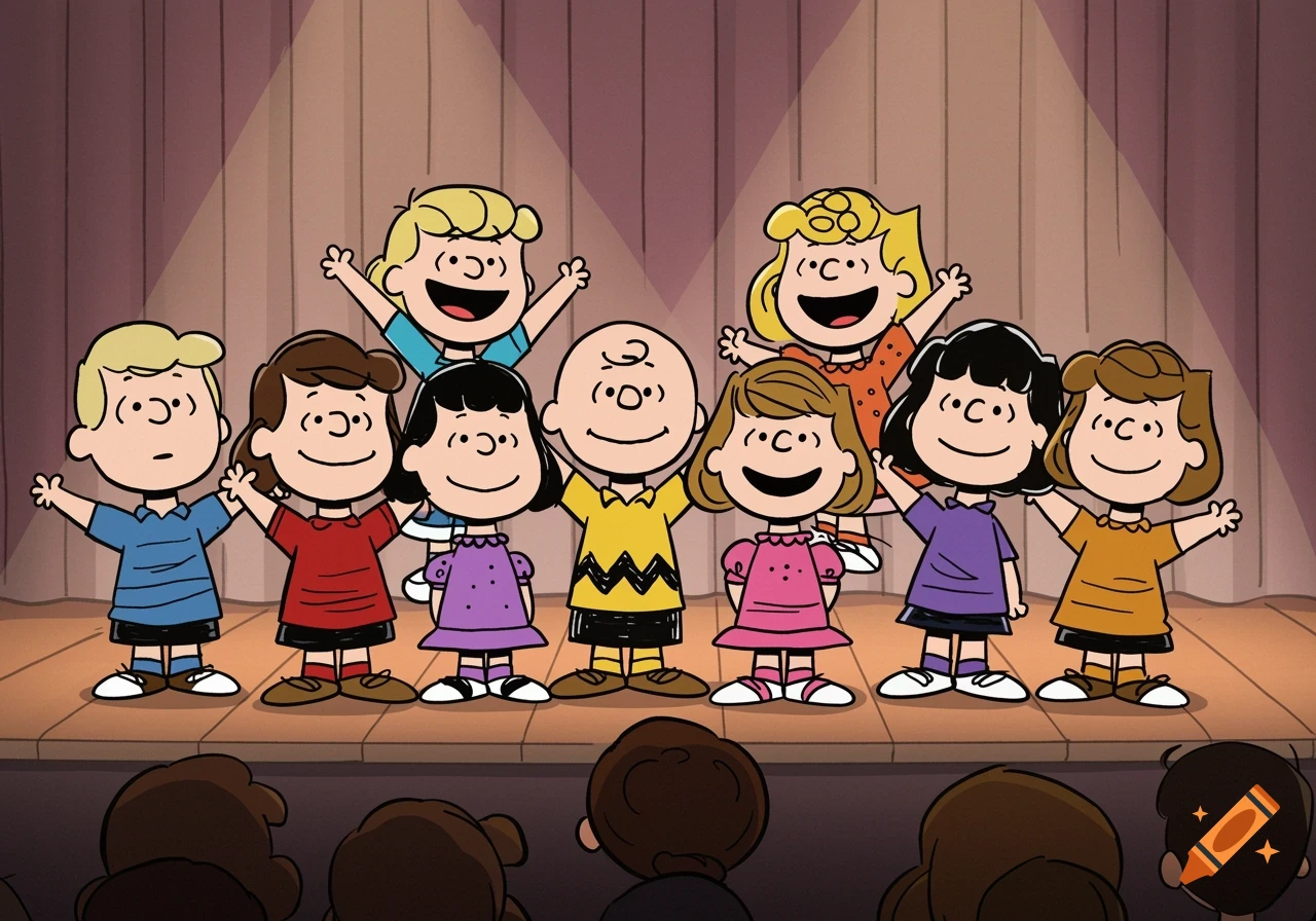 A group of Peanuts characters, including Charlie Brown, on a stage with a spotlight, smiling and raising their arms in celebration.