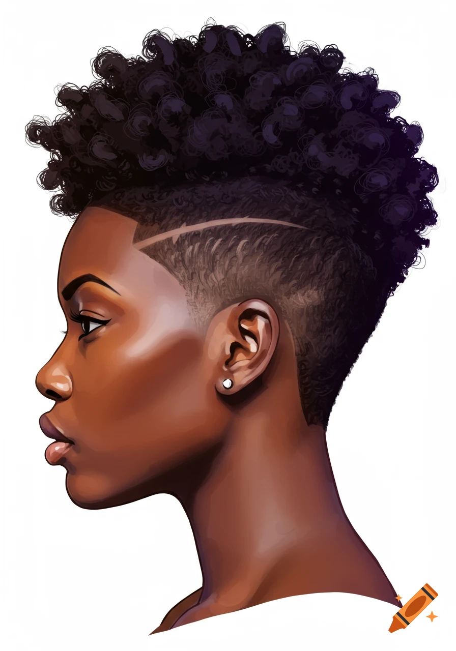 Profile illustration of a Black woman with a shaved side part and curly dark hair on top, wearing a single earring.