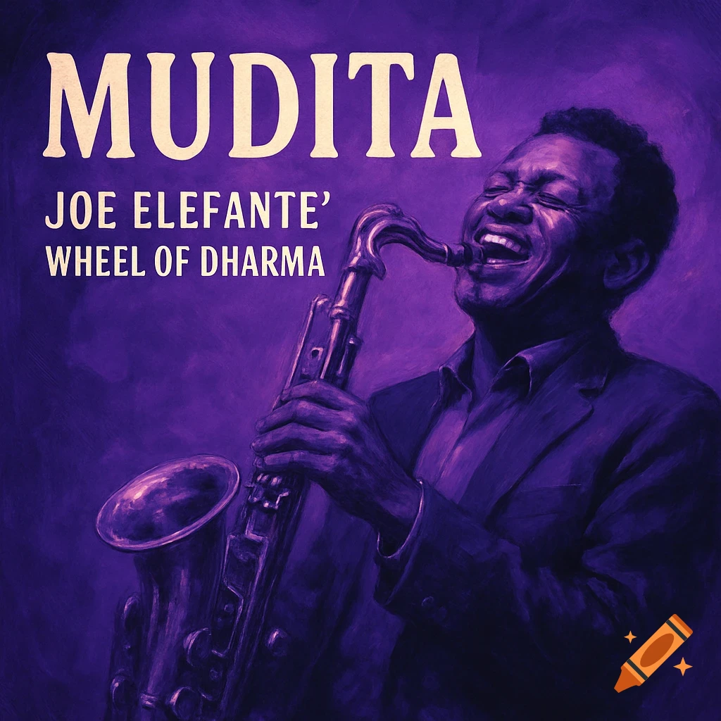 A man joyfully playing a saxophone on a purple album cover with the text 'MUDITA', 'JOE ELEFANTE', 'WHEEL OF DHARMA'.
