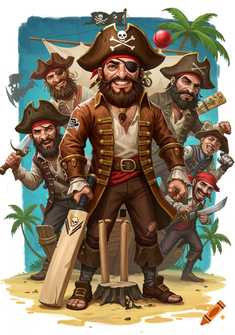 A group of smiling cartoon pirates play cricket on a beach, one holding a bat with a skull symbol, ship and palm tree in background.