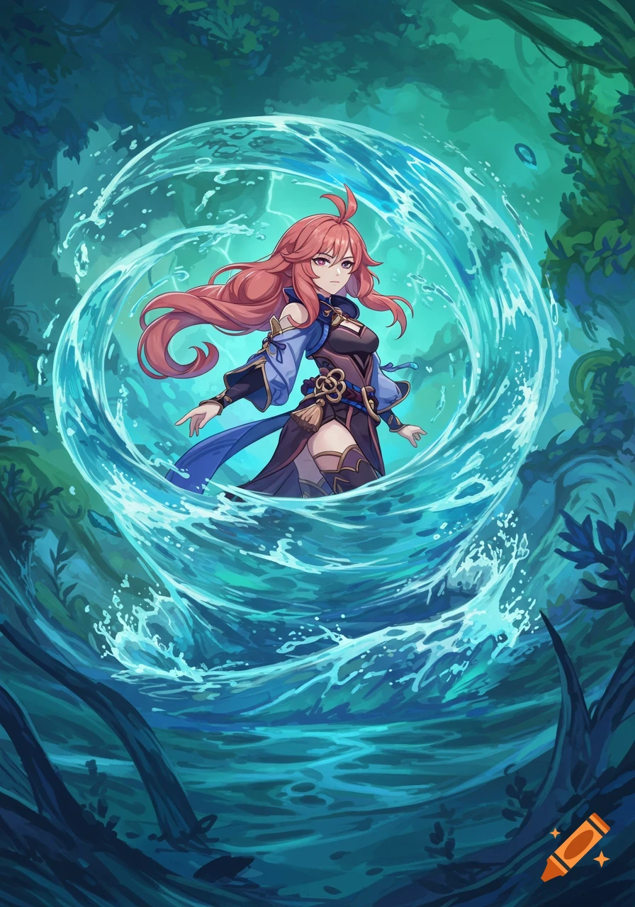 Red-haired anime girl in a dark blue outfit surrounded by a swirling blue water vortex in a mystical forest setting.