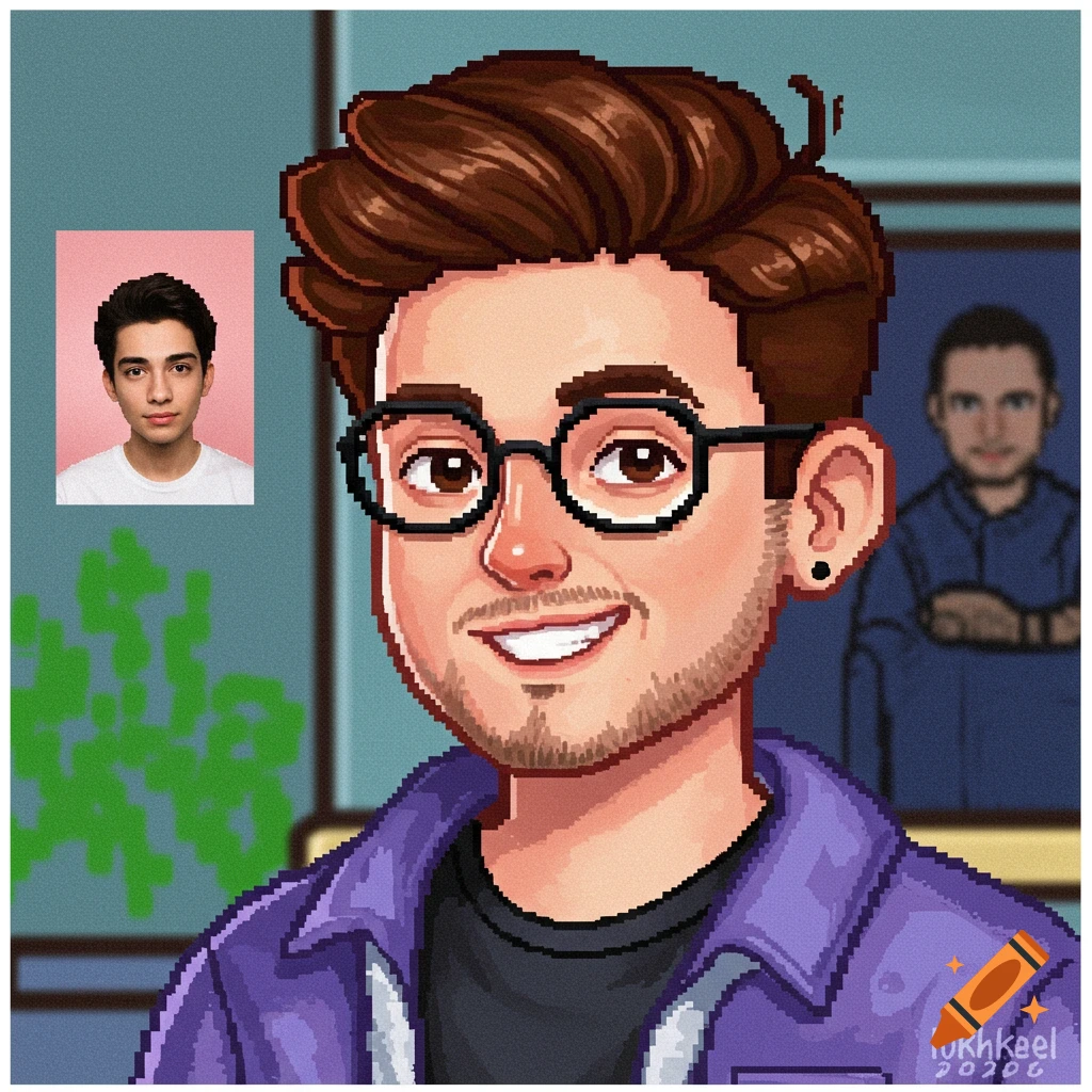 Pixel art avatar of a smiling man with glasses, alongside a small photo of a man.