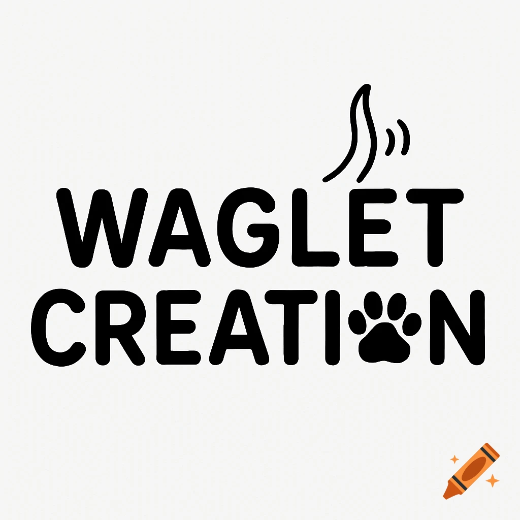 A black and white logo for "WAGLET CREATI🐾N" with a paw print replacing the 'o' and a dog tail flourish above the 'T'.