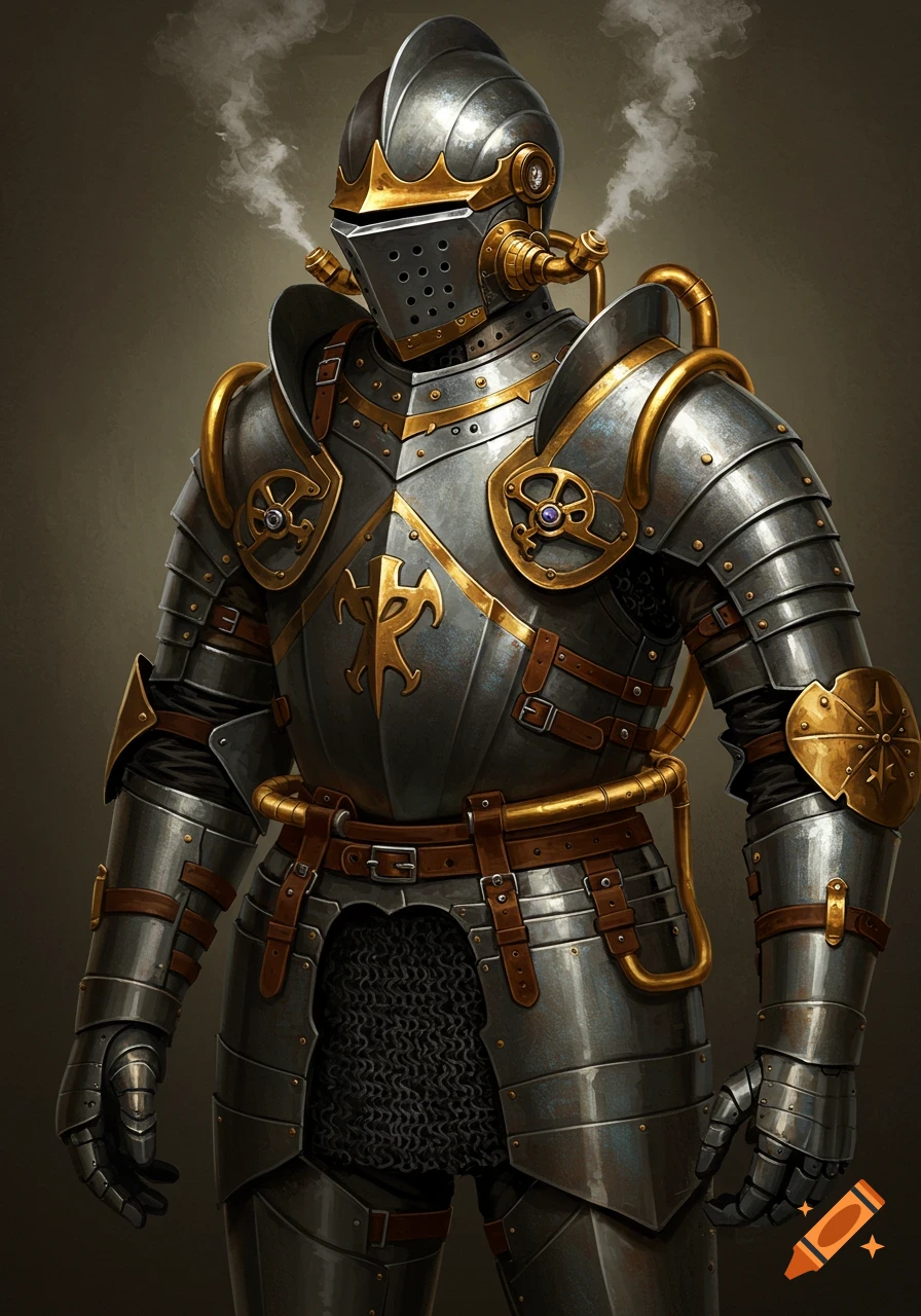A detailed steampunk knight in intricate silver and gold medieval armor with steam rising from its helmet.