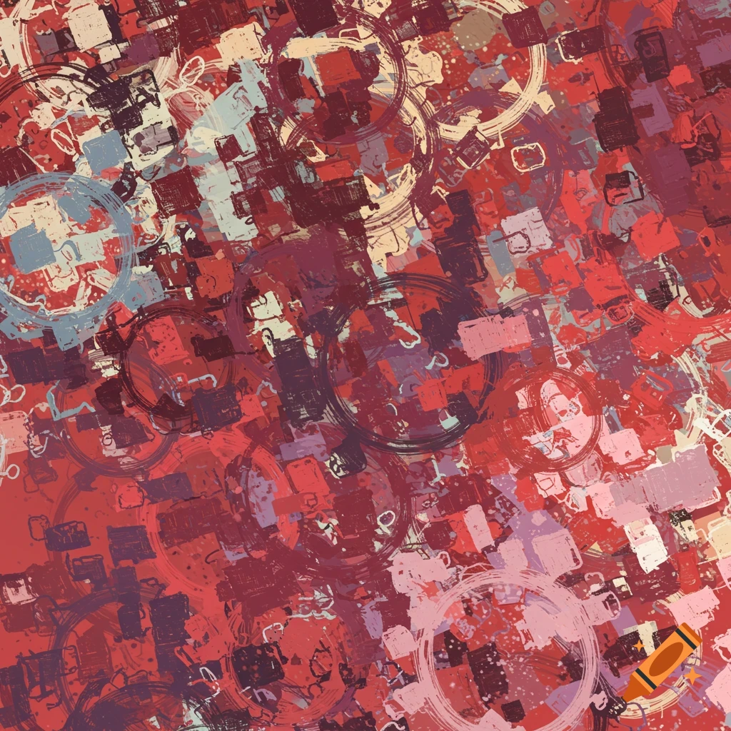 Abstract textured pattern featuring overlapping squares and circles in red, maroon, purple, beige, and blue.