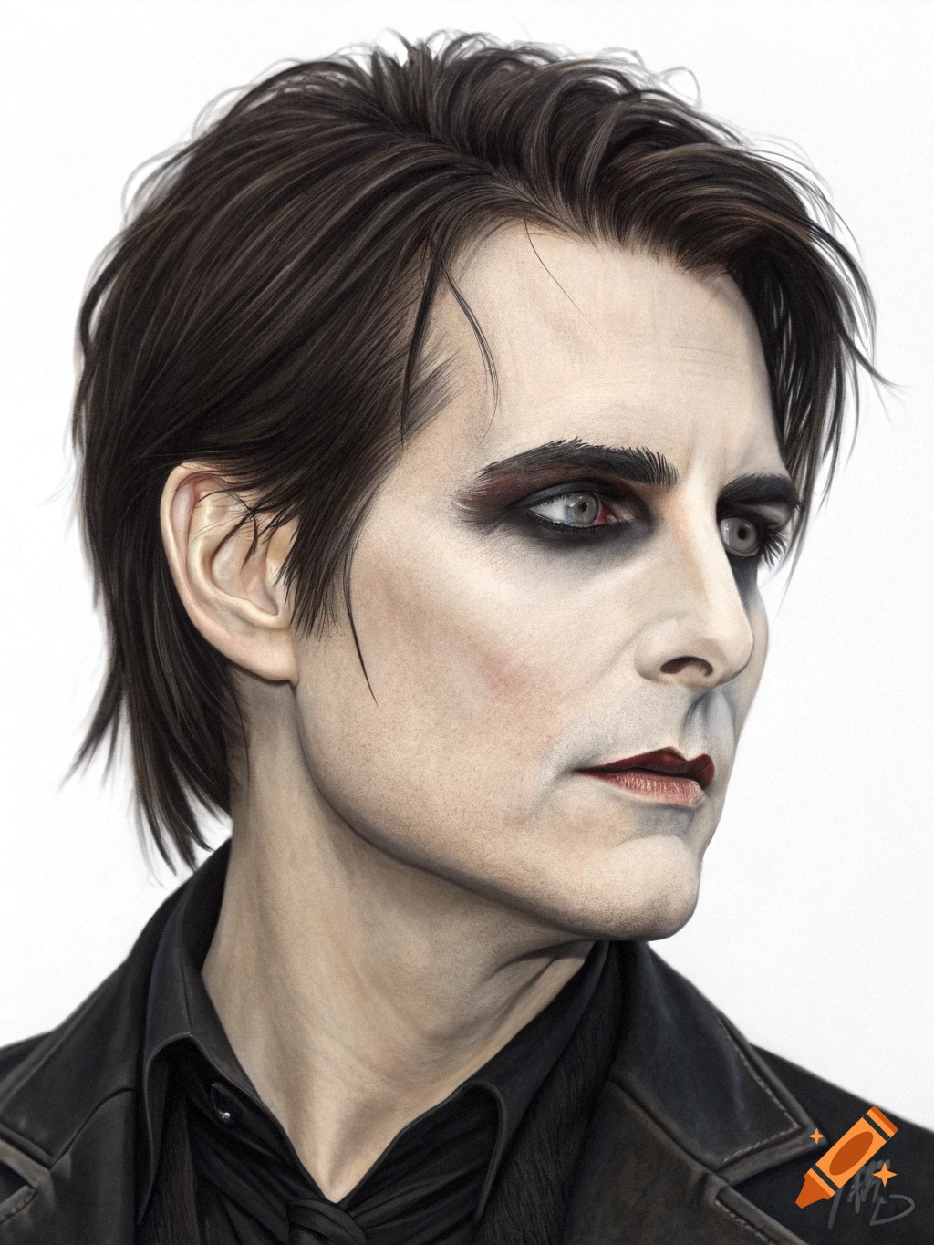 Close-up portrait of a man resembling Tom Cruise with pale skin, dark eye makeup, and dark lipstick, wearing a black shirt and jacket.