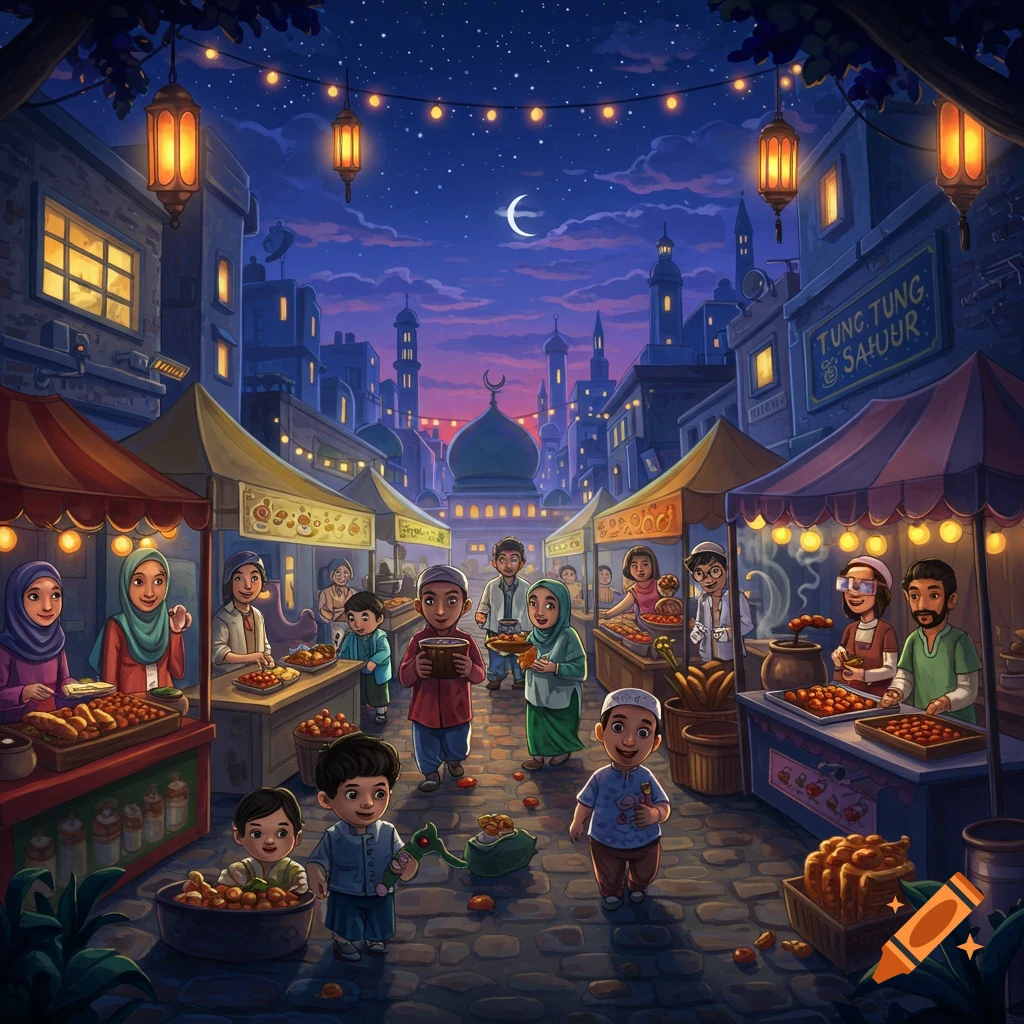 A vibrant cartoon illustration of families and children at a bustling night market, with food stalls, lanterns, and a mosque under a crescent moon.