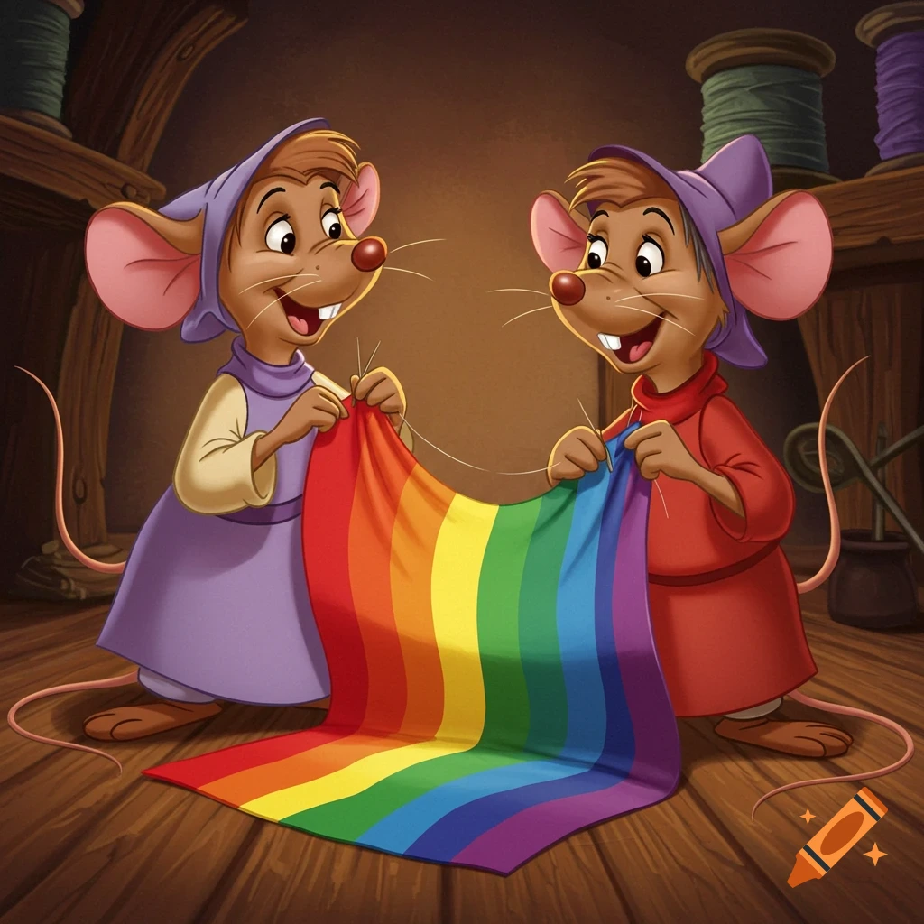 Two cartoon mice from Cinderella sew a colorful rainbow pride flag in a rustic room.