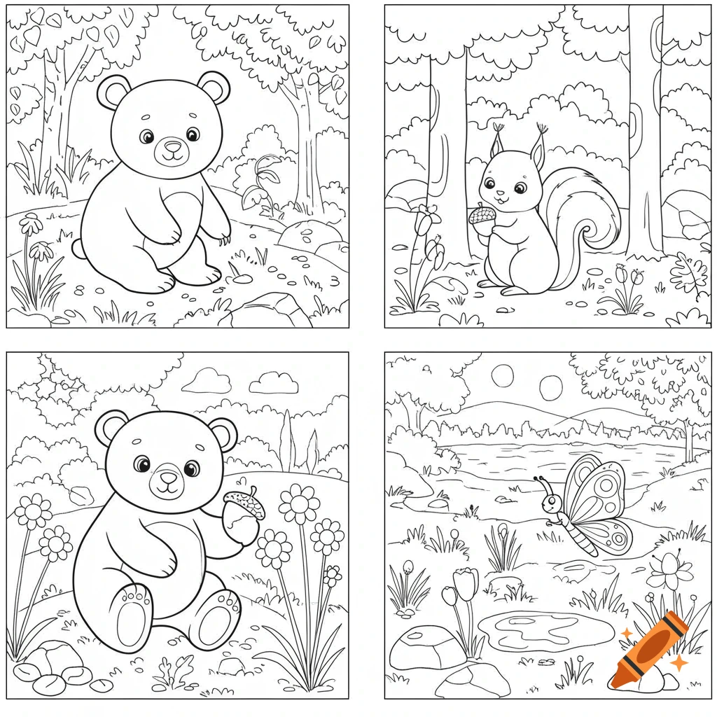 Four black and white line art illustrations for coloring, featuring cute bear cubs, a squirrel, and a butterfly in nature scenes.