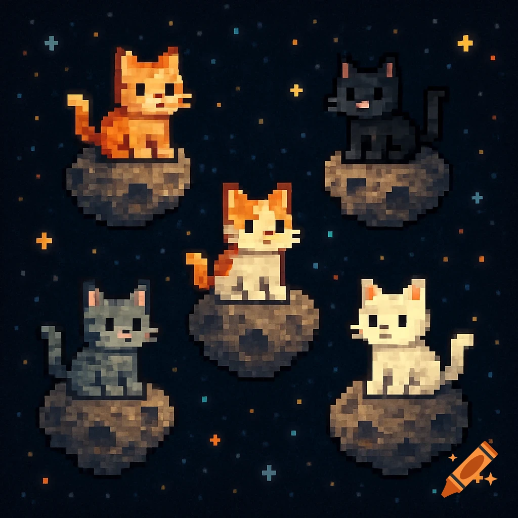 Multiple pixel art cats on asteroids floating in a dark space background with stars.