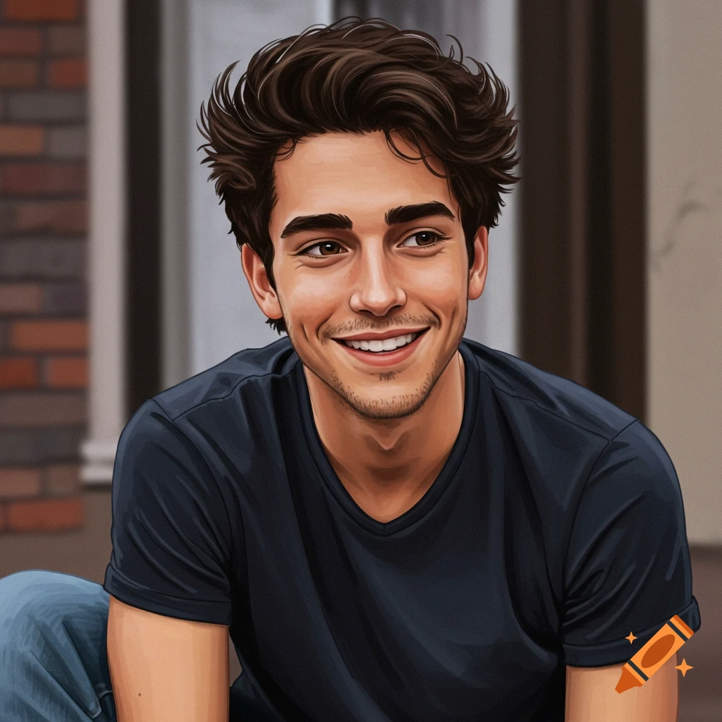 A smiling young man with brown hair in a dark blue shirt, looking right, in a detailed digital illustration style.