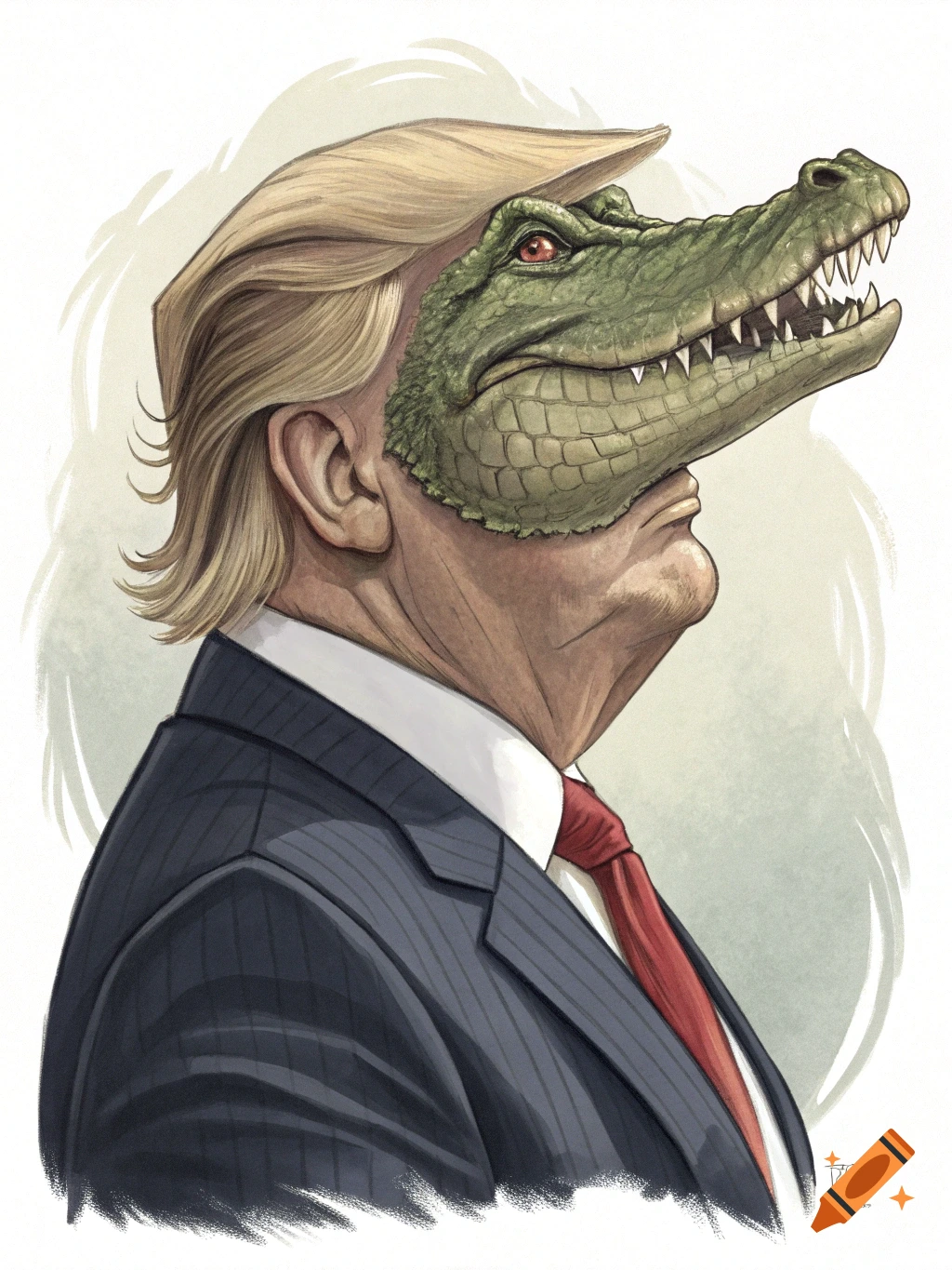 An illustration of Donald Trump's head replaced with an alligator head, wearing a suit and red tie.