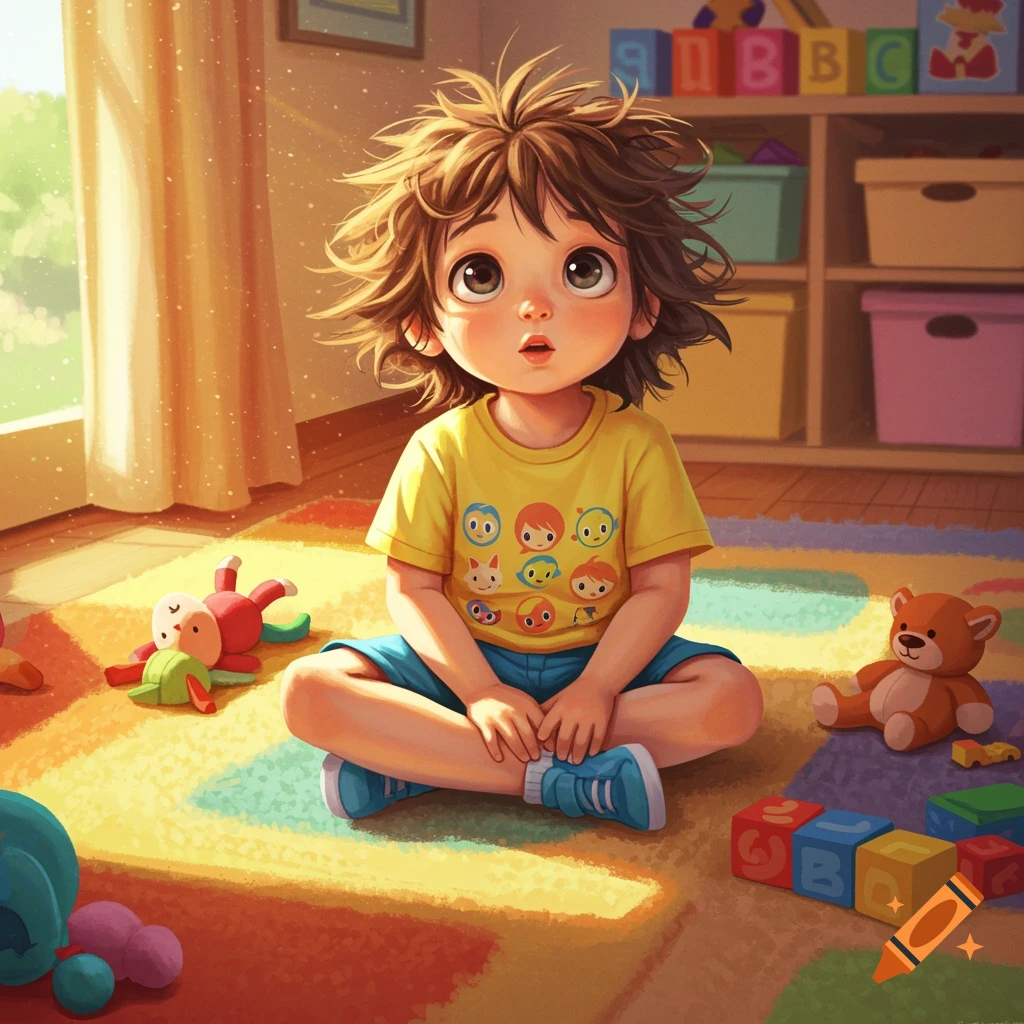 A cute, wide-eyed preschool child with messy brown hair sits cross-legged on a colorful rug surrounded by toys and ABC blocks in a bright playroom.