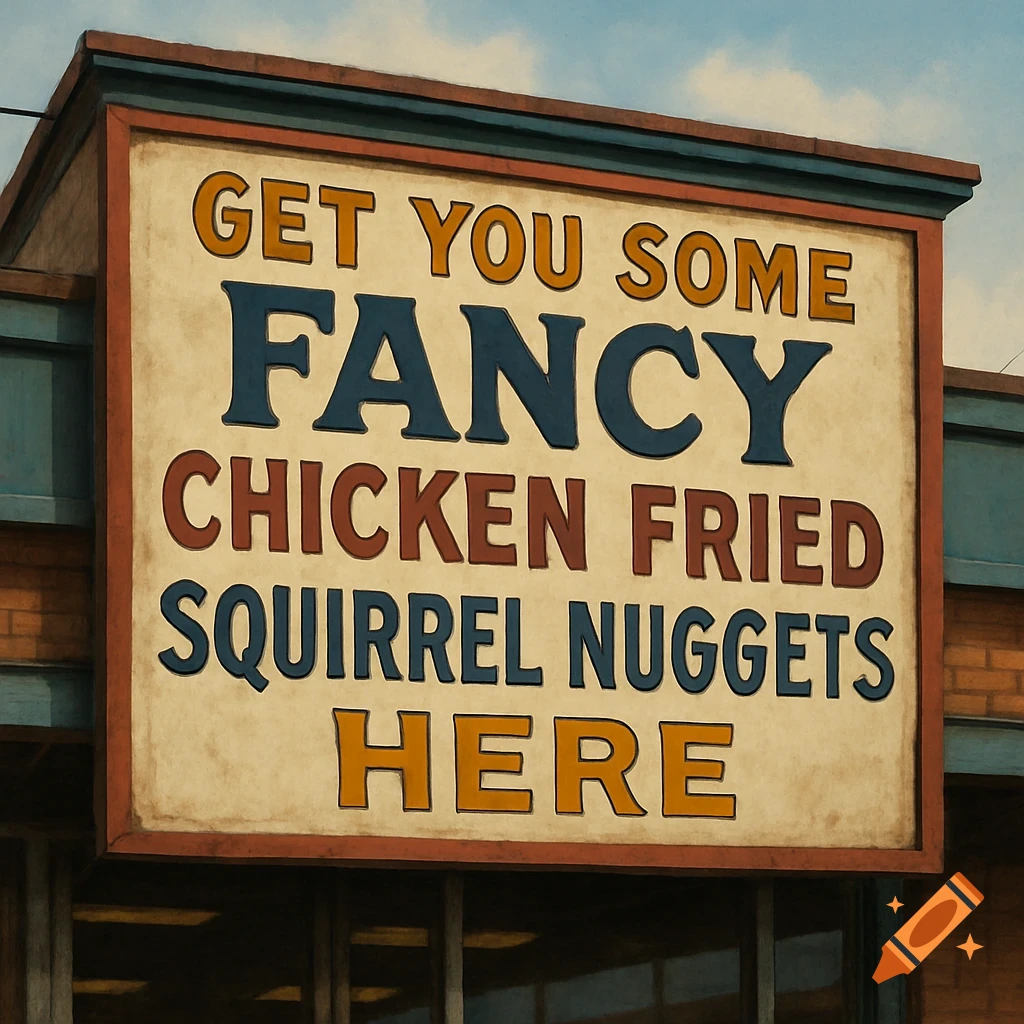 A vintage-style sign on a building reads 'GET YOU SOME FANCY CHICKEN FRIED SQUIRREL NUGGETS HERE'.