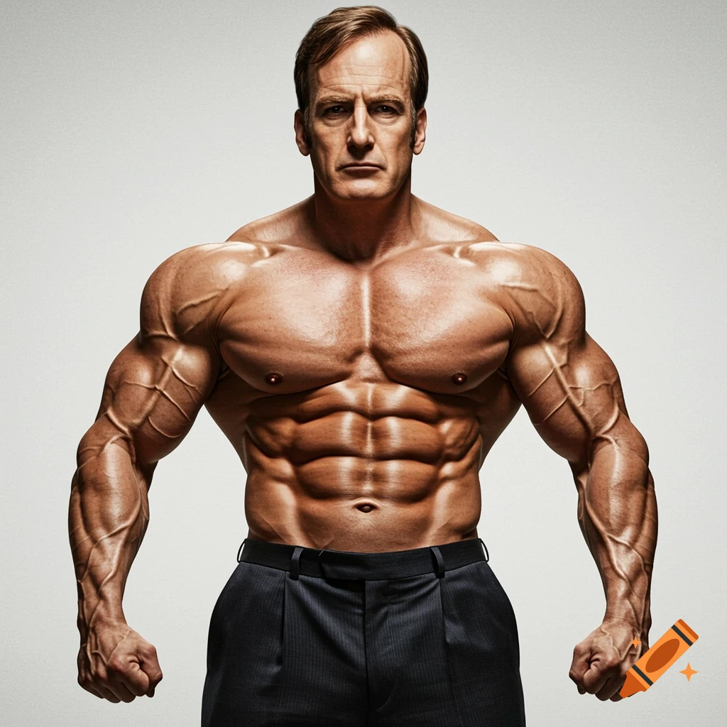 A muscular man with Bob Odenkirk's face, bare-chested, wearing dark pants, standing in a photorealistic style.