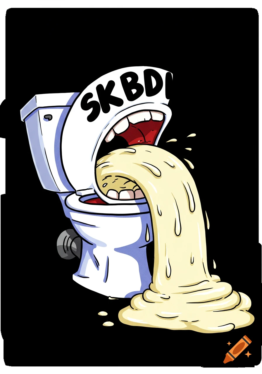 Cartoon skibidi toilet character with a large mouth spewing a yellow, goopy substance that looks like mayo and 'SKBD!' text.