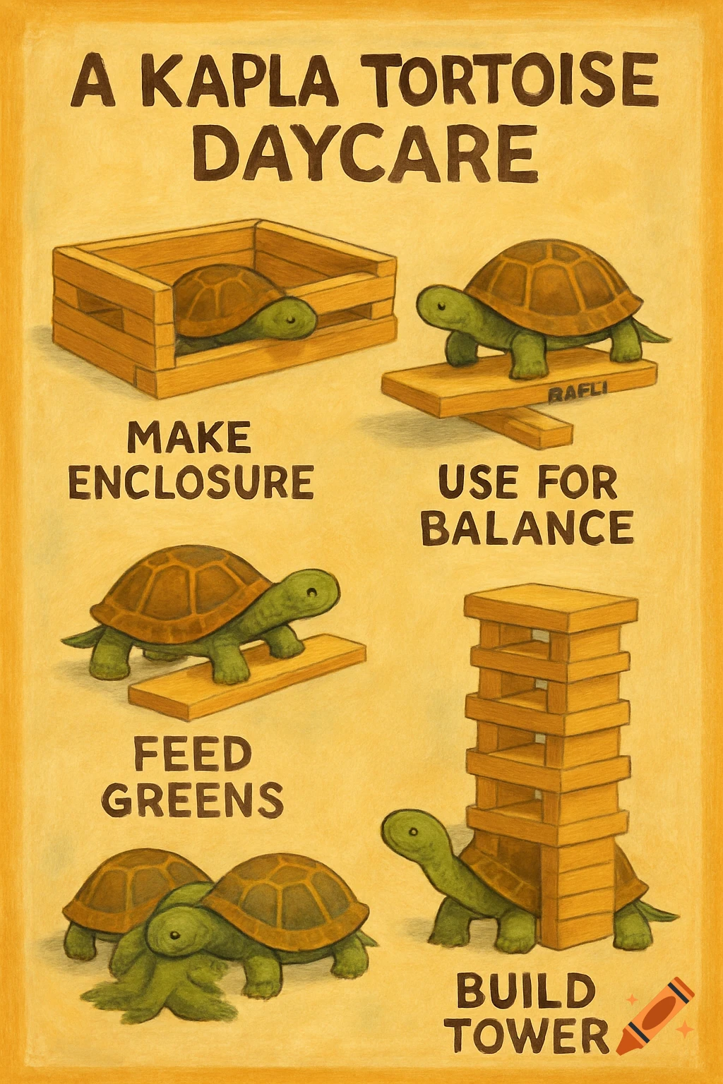 A whimsical illustration showing tortoises interacting with wooden blocks labeled with instructions like "Make Enclosure," "Use For Balance," and "Build Tower." The title reads "A Kapla Tortoise Daycare."