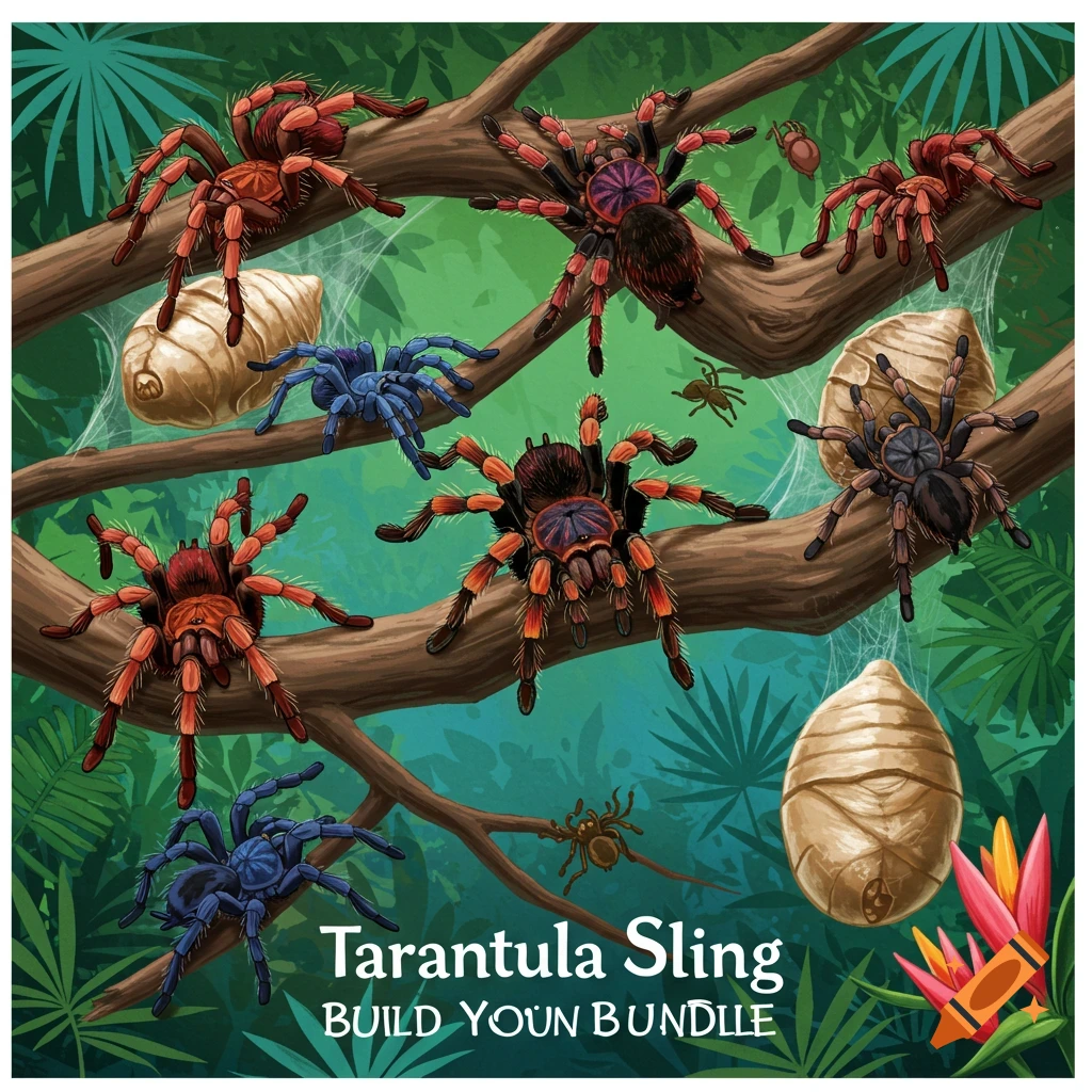 Illustrative image of several tarantulas, some red-brown and some blue, on tree branches in a lush green jungle.