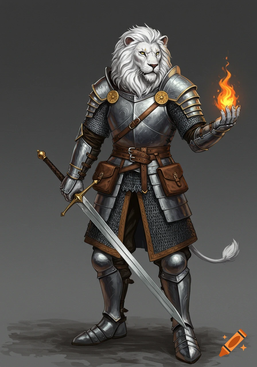 A white-furred leonin character in detailed fantasy chainmail armor, holding a longsword and a small fireball.