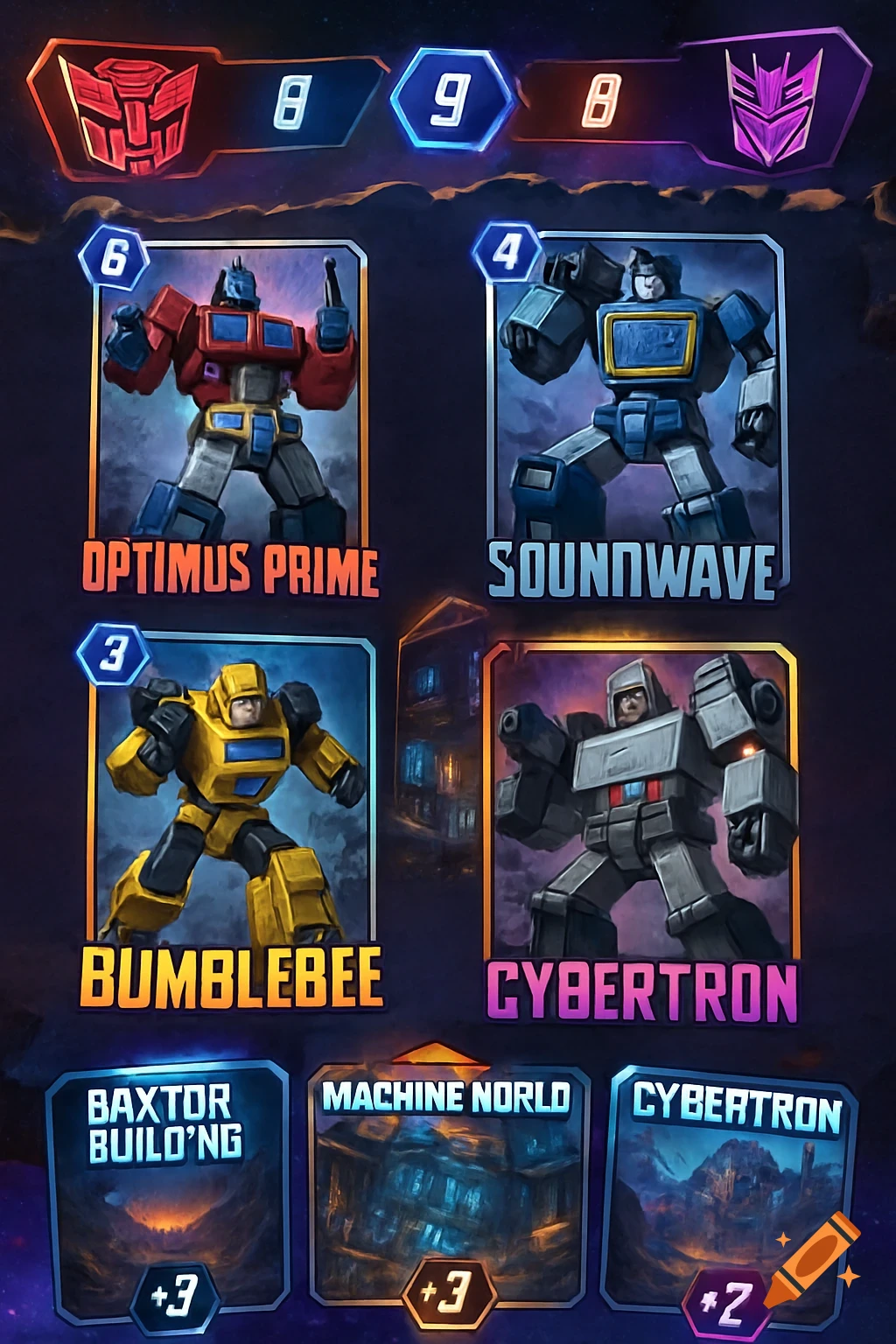 A mobile card game screen featuring Transformers characters like Optimus Prime, Soundwave, Bumblebee, and Cybertron on collectible cards.