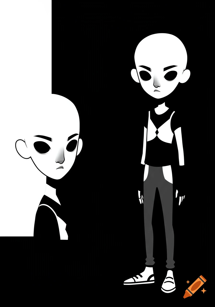A minimalist black and white illustration of a stylized character with a bald head and dark eyes, wearing a vest, t-shirt, and pants, with a partial bust shot next to it.